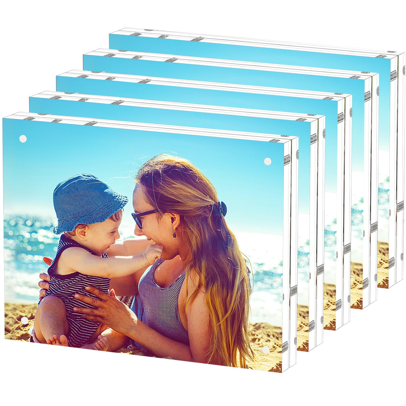 HELPLEX 5 Pack 6x8 Acrylic Picture Frames, 20mm Thicker Frameless Clear Double Sided Magnetic Frame, Free Standing Desktop Display Stand