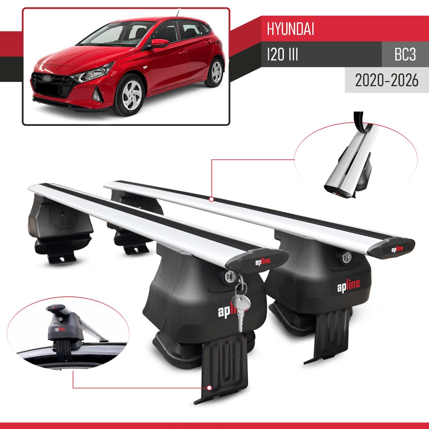 Kompatybilny z Hyundai i20 III (BC3) 2020-2026 ACE-4 Model Aluminiowy bagażnik dachowy 2 poprzeczki, szary