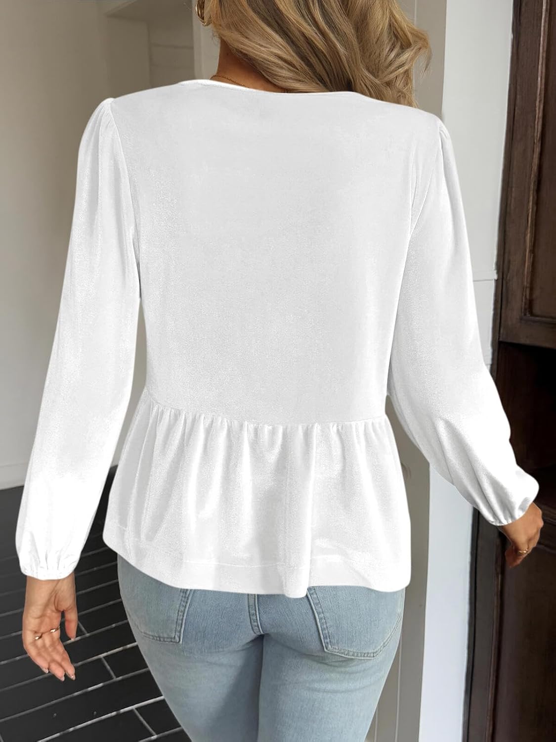 Cicy Bell Womens Cute Tie Front Peplum Velvet Tops Puff Long Sleeve Babydoll Shirts Casual Blouses 2025 Fall Outfits - Image 5