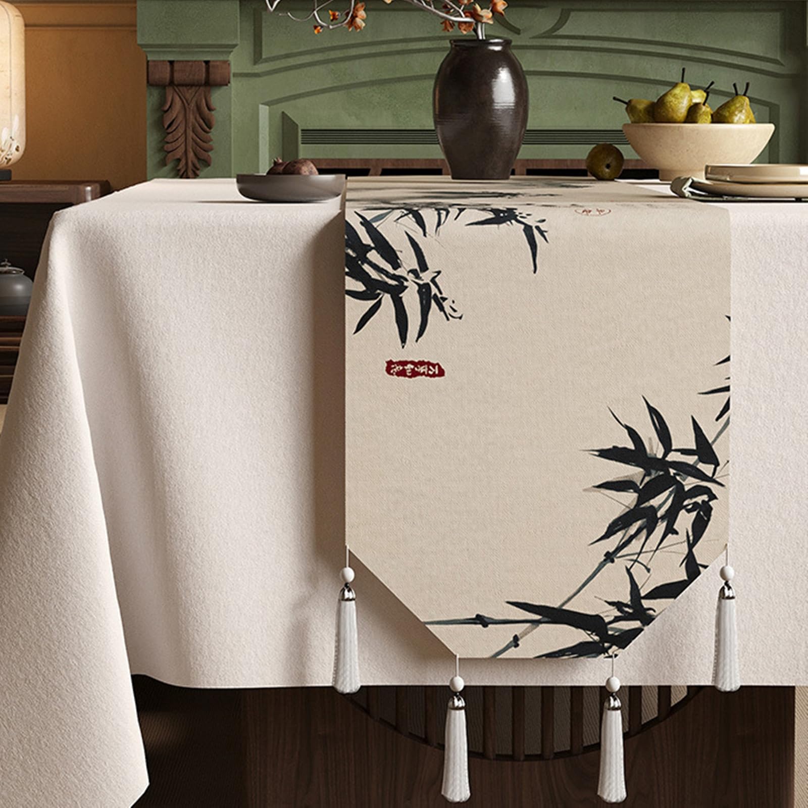 Beige Schwarz Tischläufer Polyester Leinen, Deko Tischläufer Abwaschbar Tischband Berg und Blätter Muster mit Quasten Tischdecke für Küche Esstisch Dekor, 35x220 cm, Beige Schwarz