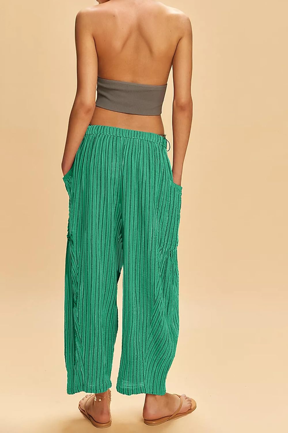 Women Summer Striped Harem Pants Casual Baggy Wide Leg Tapered Trousers Drawstring Waist Palazzo Pants with Pockets Green - Image 2