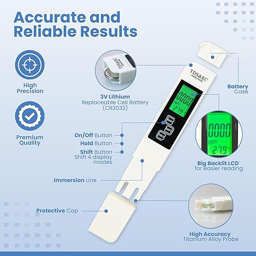 Miniatura 9 de Probador de sal de piscina y medidor de pH 2025  Medidor digital 5 en 1 de salinidad, pH, temperatura, EC y TDS para piscinas, jacuarios, hidroponía