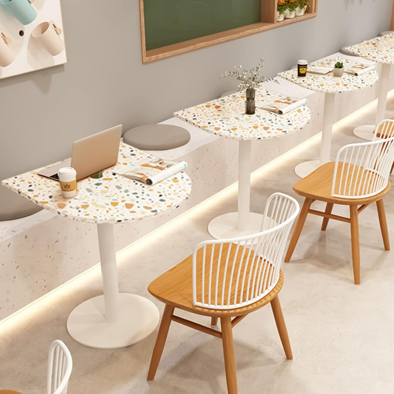 Semicircle Terrazzo Bar Table - Small Dining Table with Metal Frame for Kitchen, Apartment, Coffee Shop, Lounge, Party - Easy Installation