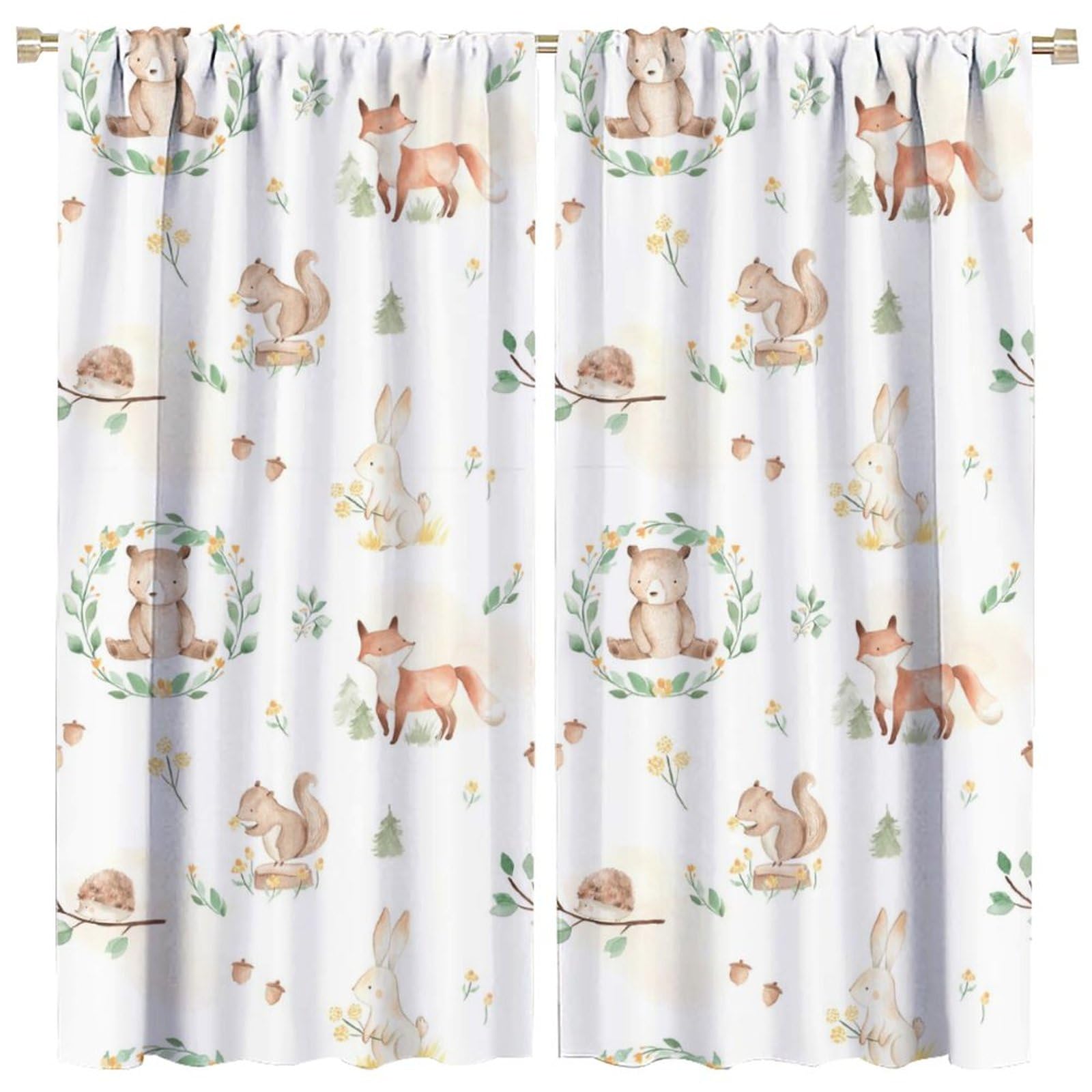 Watercolor Woodland Baby Animals Curtains,Cartoon Cute Forest Wildlife Squirrel Bunny Fox Bear Window Treatments Thermal Insulated Rod Pocket Blackout