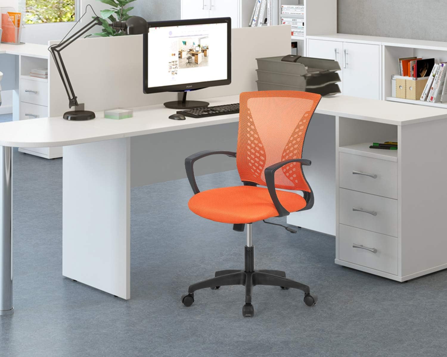 OffiClever Computer Ergonomic Chair Mesh Mid Back with Wheels Lumbar Support Armrest and Adjustable Executive for Men&Women (Orange)