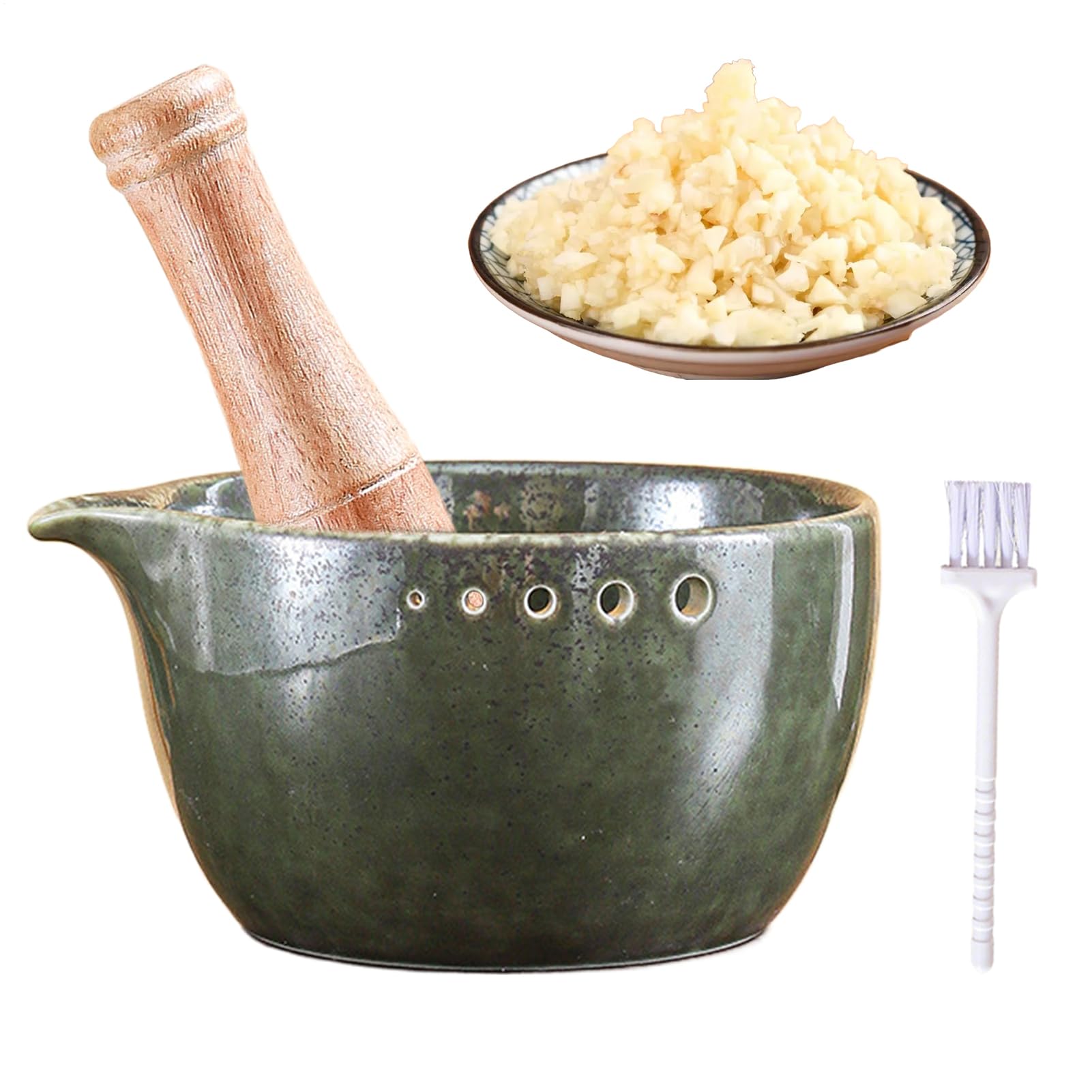 Bol râpe à ail en céramique de 14 cm avec pilon en bois pour moudre les aliments