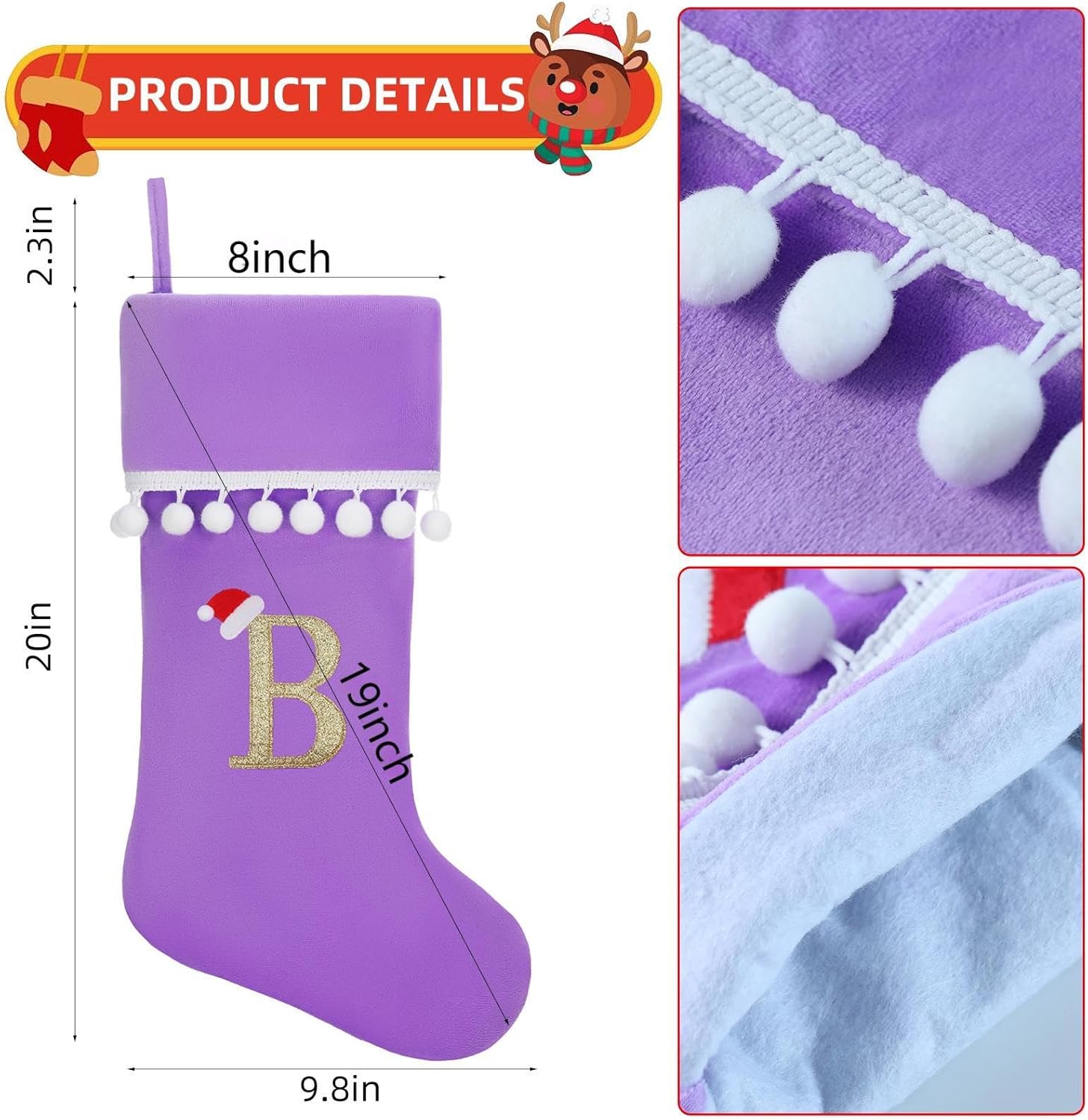 Personalized Christmas Stocking - 19 Inch Purple Velvet Stockings, Embroidery Initial with White Pom Pom Trim, Holiday Fireplace Mantel & Xmas Party Decor, Letter M - Image 2