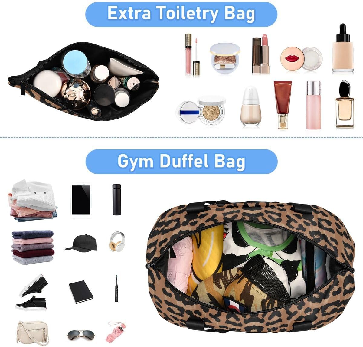 Bolaz Leopard Print Gym, Travel, Business, Yoga Duffel Bag with Wet Pocket, Shoes Compartment, Toiletry Bag, 17.3 x 8.7 x 15.5 inches