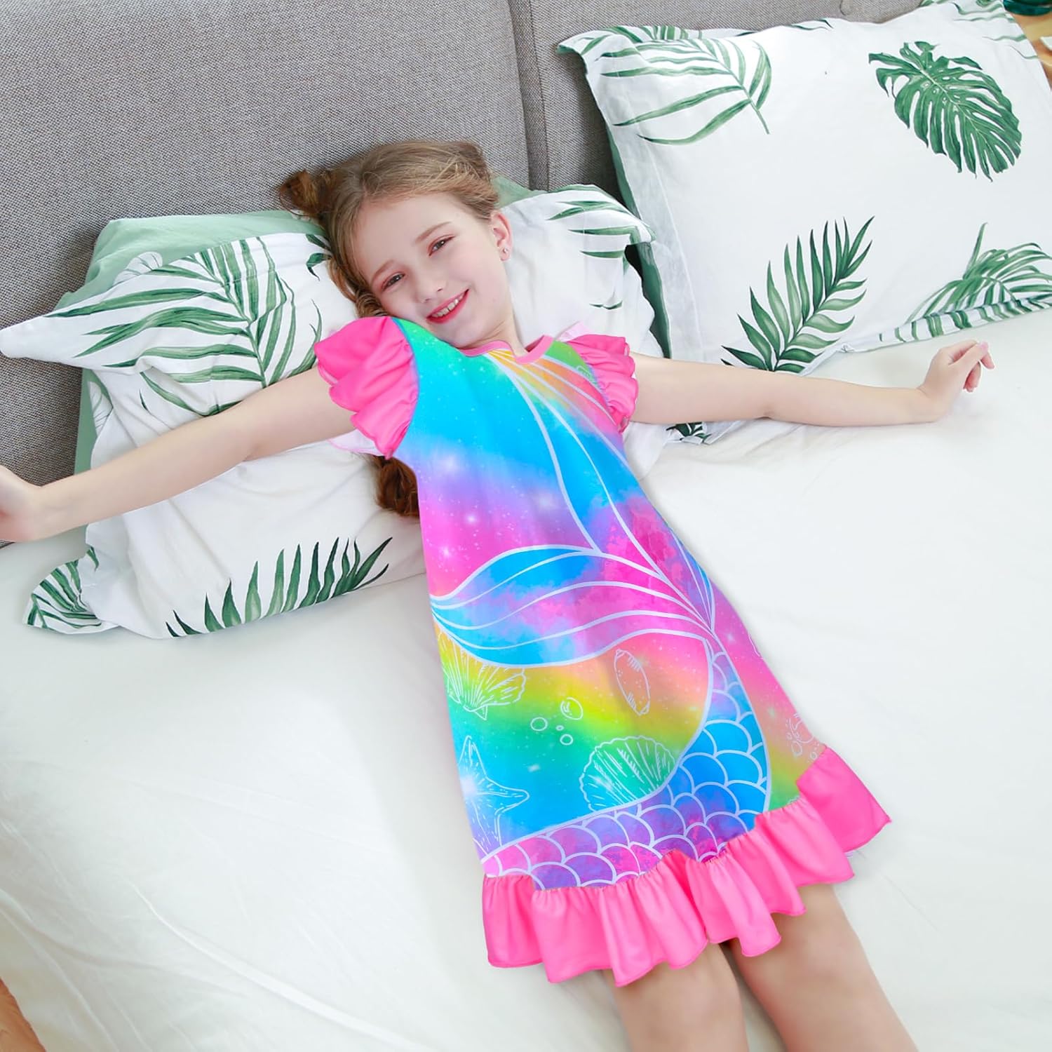 Kid Girls Nightgown Night Dress Unicorn Rainbow Princess Pajamas Sleepwear Nightie - Image 6