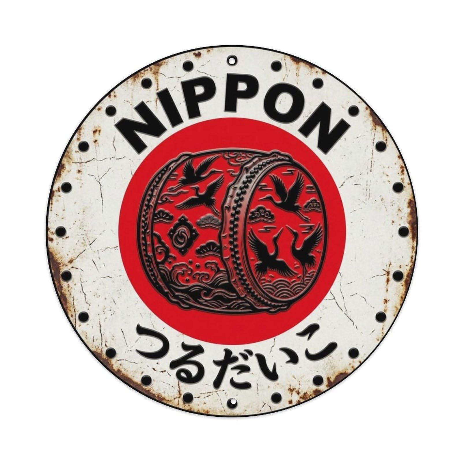 Fqnyr Style Metal Tin Sign Crane Drum Nippon Graceful Bird Aged