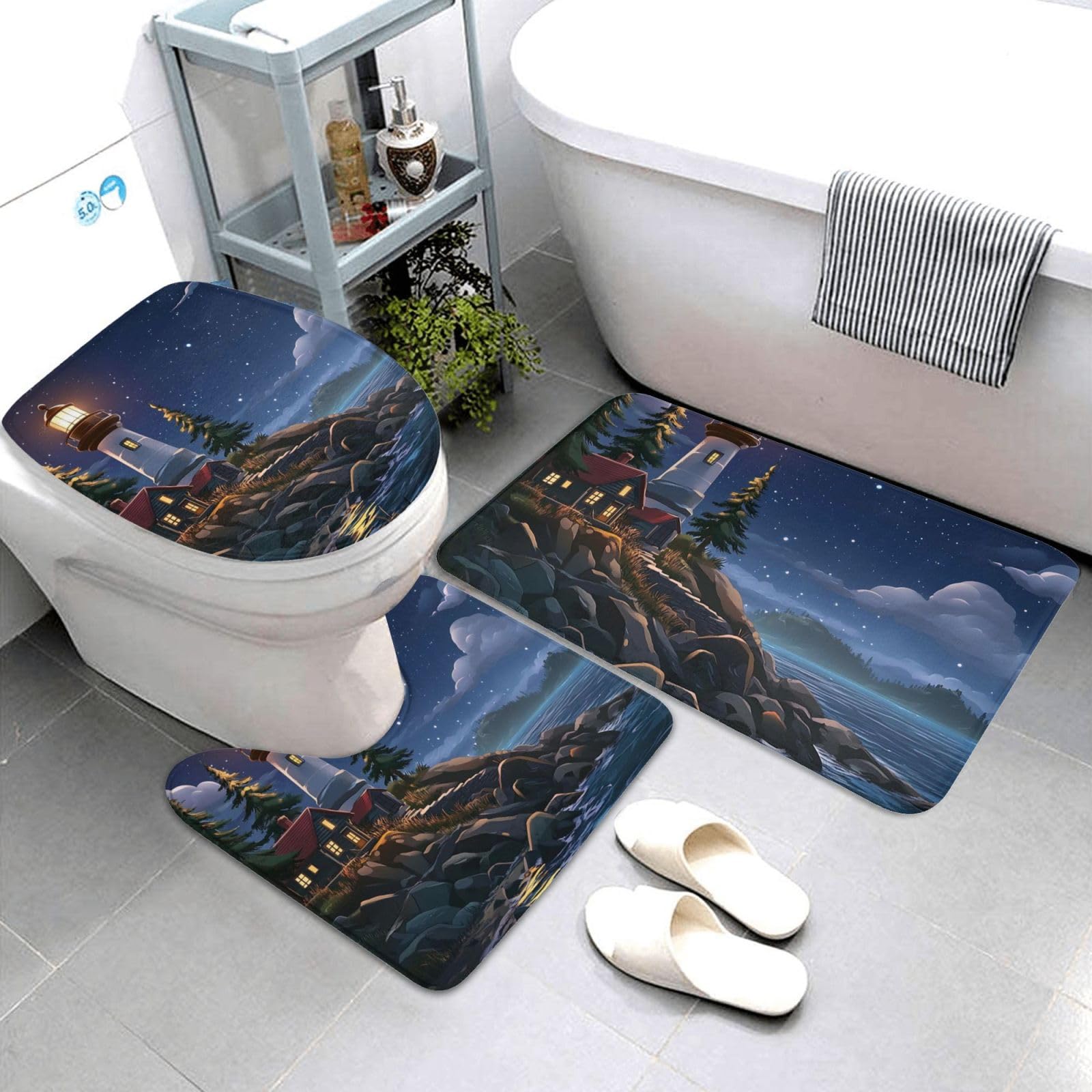 Tapis de bain phare du Père Noël antidérapant ensemble 3 pièces lavable