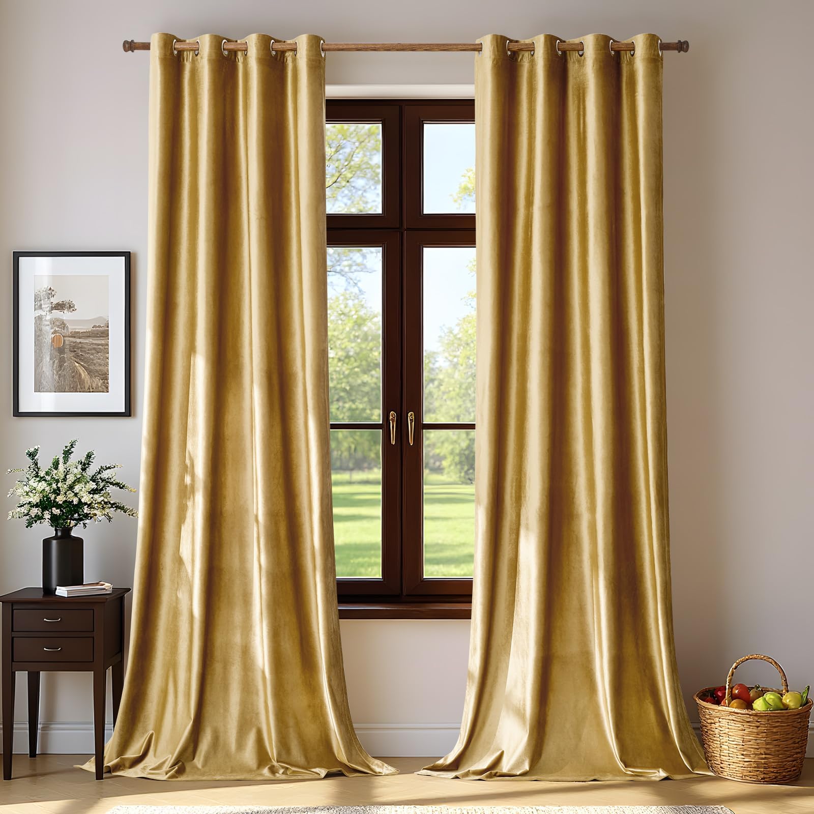 BULBUL Velvet Gold Curtains 102 inch Length- Living Room Blackout Thermal Window Drapes Darkening Decor Grommet Curtains for Bedroom Set of 2 Panels
