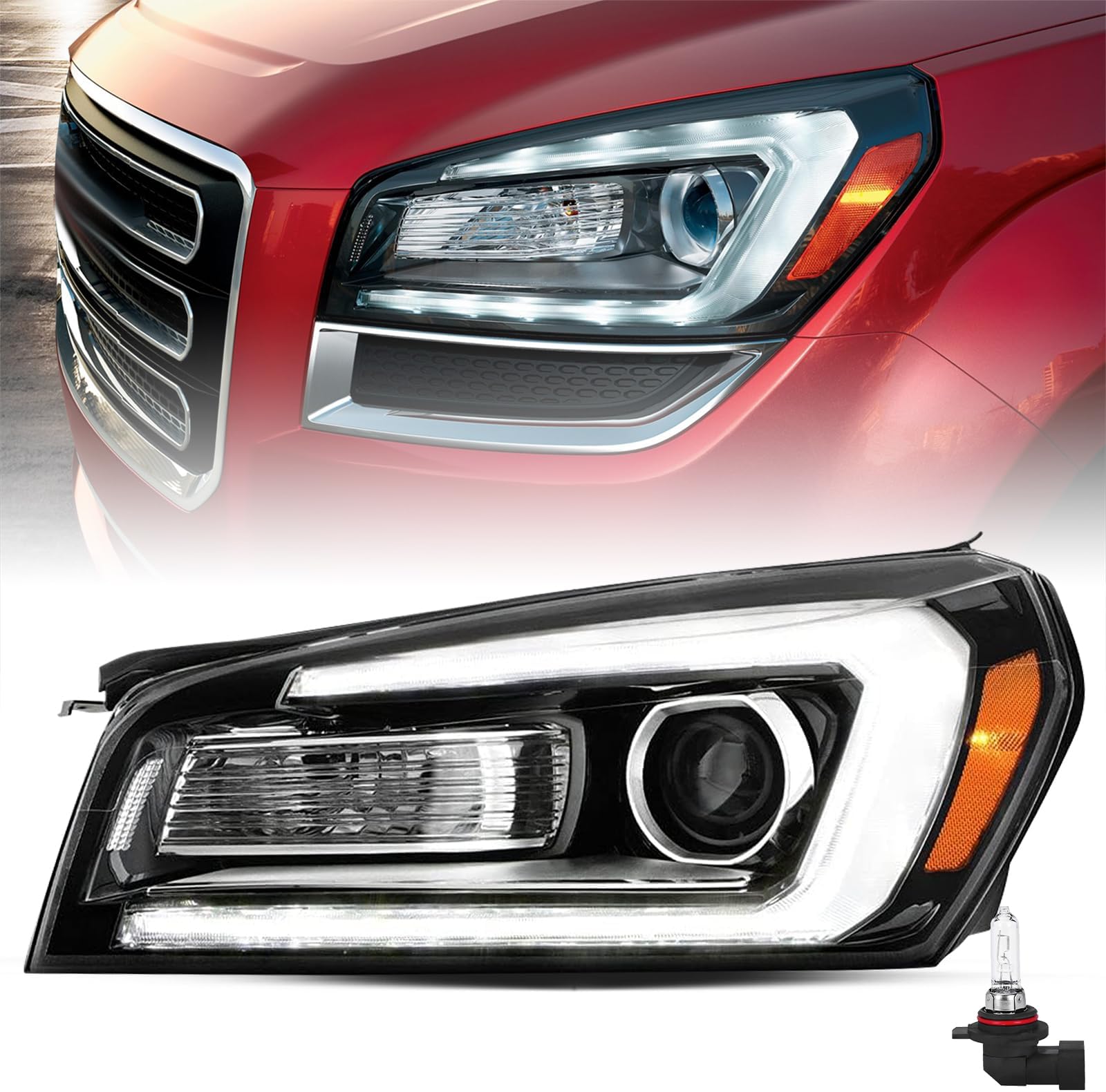 Halogen Headlight Assembly for 2013-2016 GMC Acadia & 2017 Limited Projector w/LED Tube DRL Headlamps Left Driver Side w/Bulbs