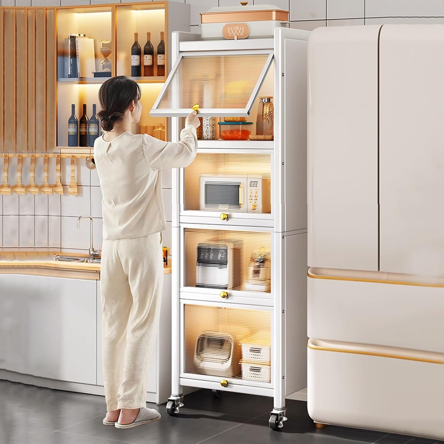 Microwave Oven Rack,Baker's Rack with Flip Door,Kitchen Storage Cabinet,Microwave Stand with 4 Rolling Casters,Kitchen Storage Shelf Buffet Sideboard for Spices, Dishes, Pots and Pans (Size