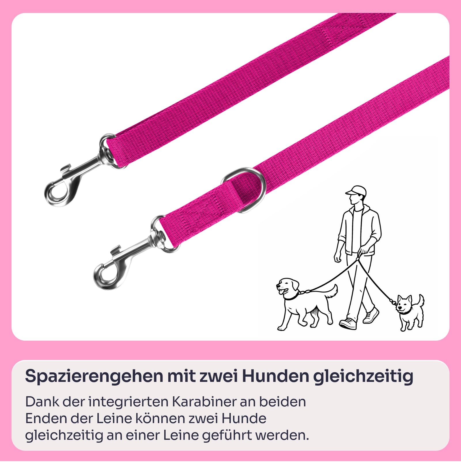 Chaba Hundeleine für Kleine Hunde mit 2 Karabinern | Spaziergang mit Zwei Hunden gleichzeitig | Verstellbar 1.35-2.6m | Breite 1 cm | 2 Tragevarianten | Leicht | Robust | Dog Leash | Fuschia, S