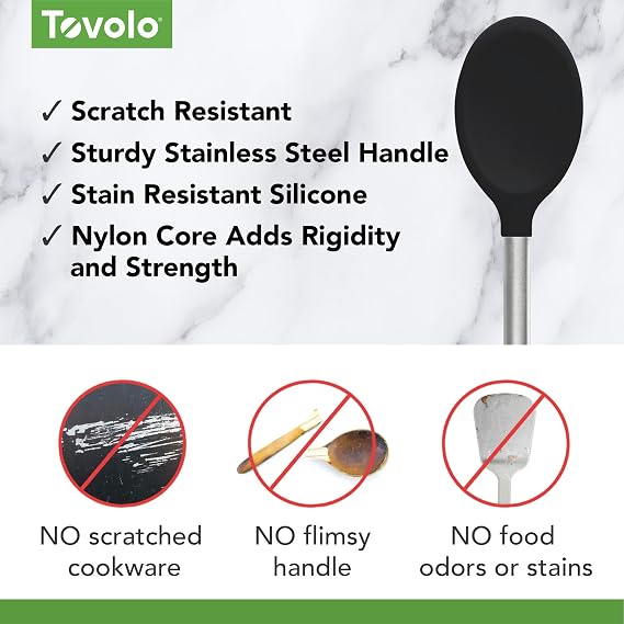 Tovolo Mixing Spoon Stainless Steel Handle Scratch Resistant Non Stick Safe Kitchen Utensil for Cooking Baking Serving Stirring, Heat Resistant Silicone Stirring Spoon with Metal Handle Black