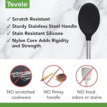 Tovolo Mixing Spoon Stainless Steel Handle Scratch Resistant Non Stick Safe Kitchen Utensil for Cooking Baking Serving Stirring, Heat Resistant Silicone Stirring Spoon with Metal Handle Black