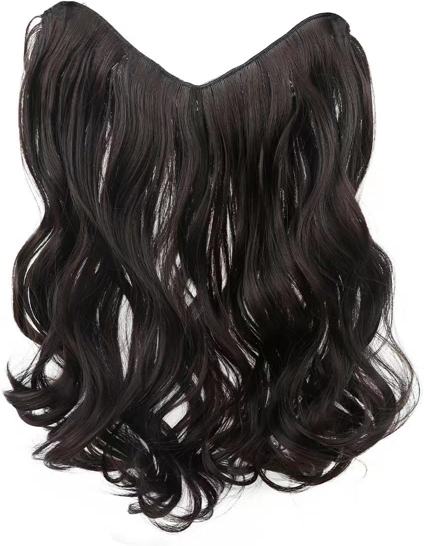Short 16" Wavy U-Shape Part 3/4 Half Wig One Piece With4 Clips Snythetic Hair Extension Invisible Crown Hairpiece (Jet Black)