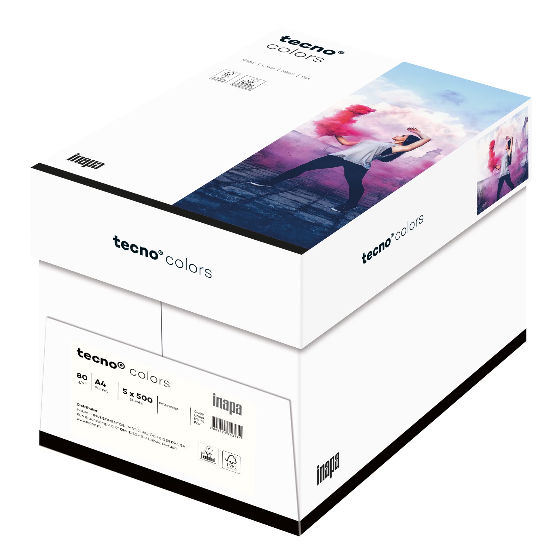 inapa farbiges Druckerpapier, buntes Papier tecno Colors: 80 g/m², A4, 2.500 Blatt (5x500), naturweiß, 80g / m²