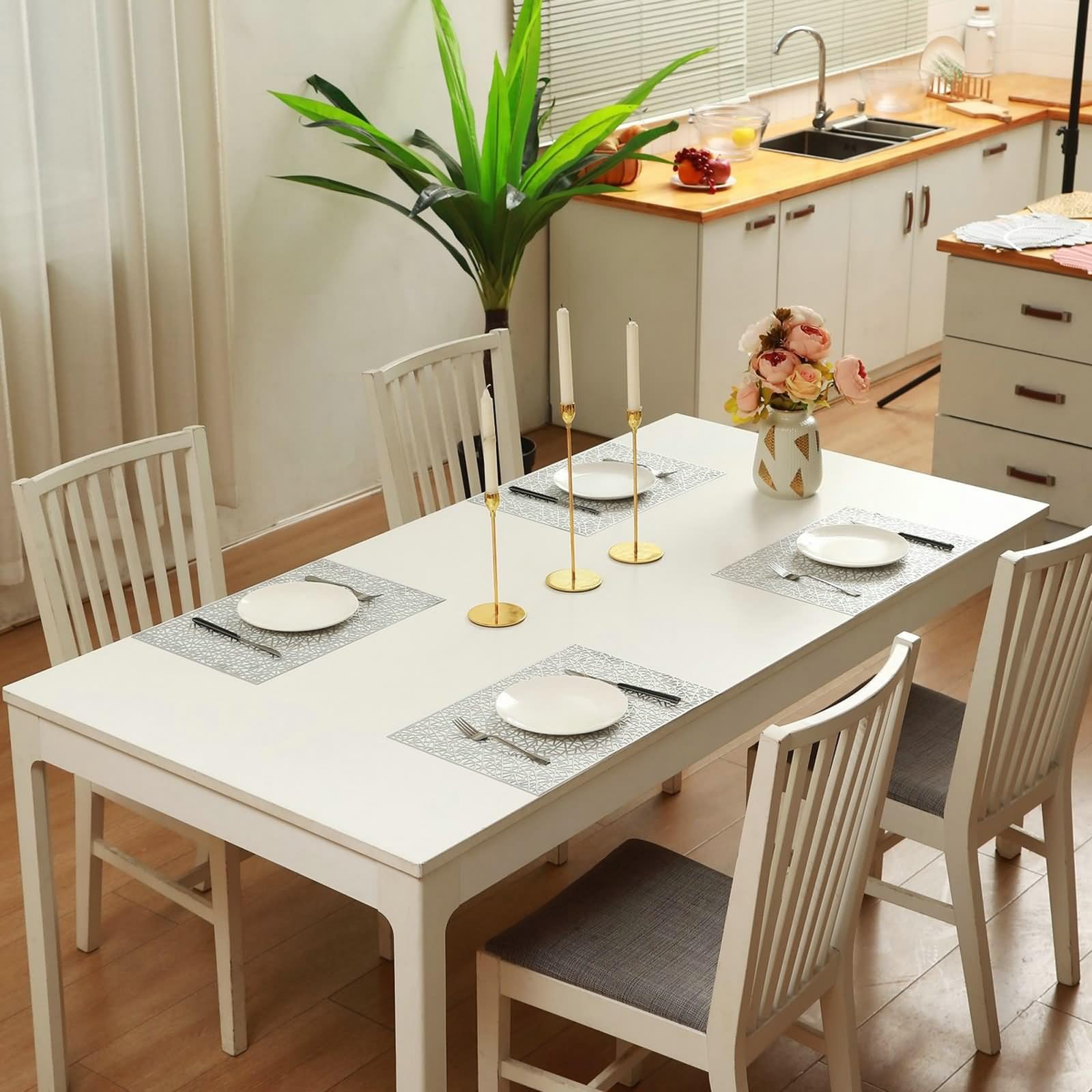 Lot de 10 Dessous de Table Grand 45x30cm, Placemats for Dining Table Rectangulaire à Motif Géométrique PVC Argent