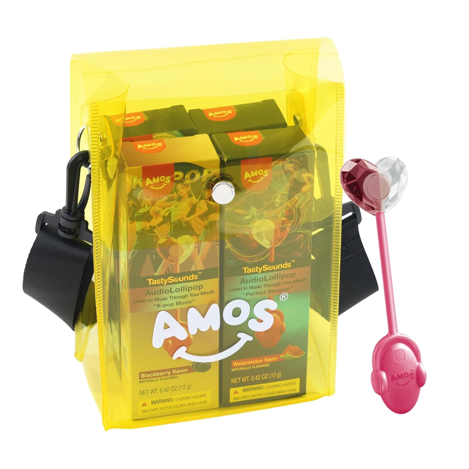 Amos TastySounds Wearable Music Lollipop Set - 4 Flavors & Music Styles with Trendy Yellow PVC Crossbody Bag, Bone Conduction Tech Candy, Fashionable Sensory Gift for Festivals & Tech Enthusiasts