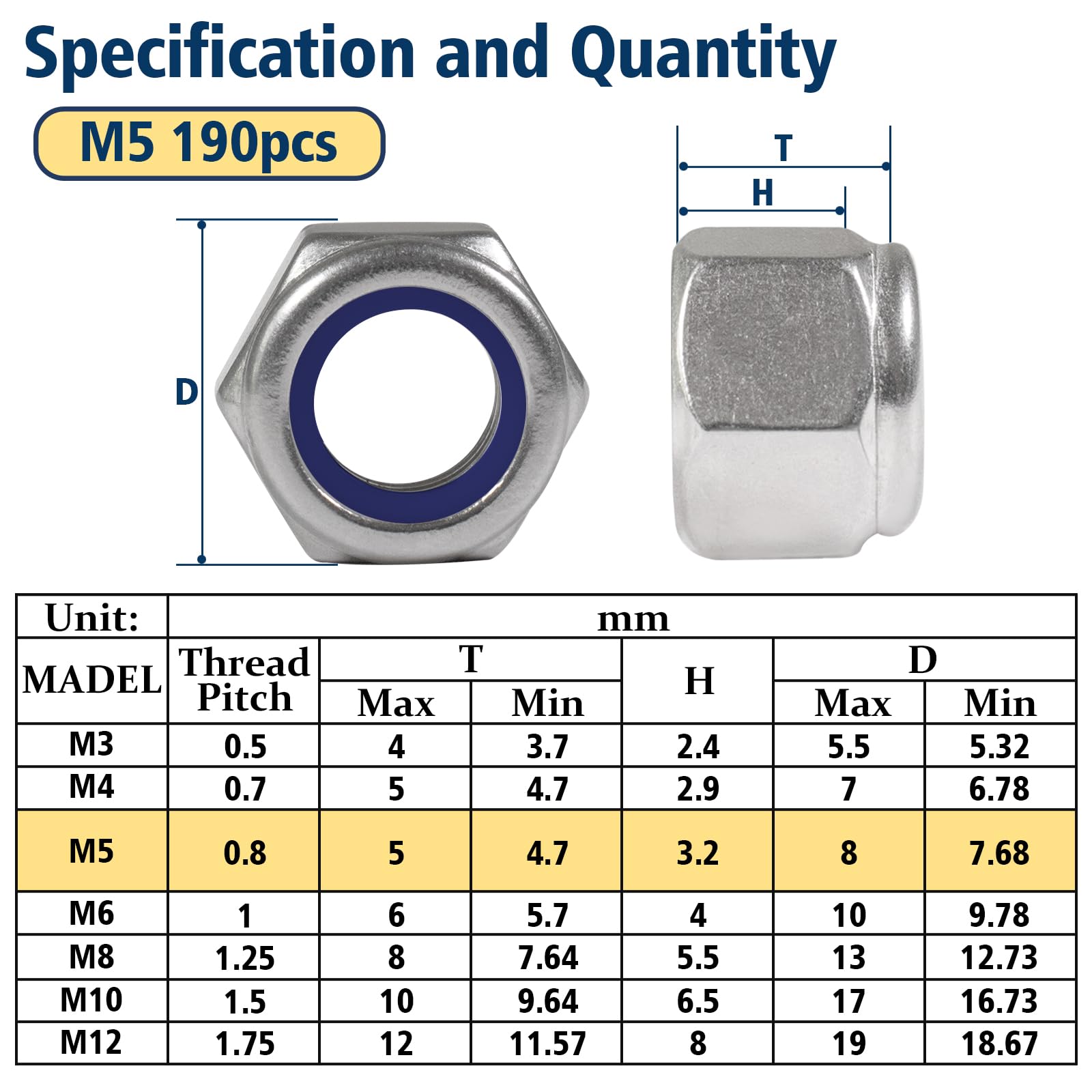Vifmy 190 Pack M5-0.8mm Nylon Insert Hex Lock Nuts, 304 Stainless Steel A2-70 Locknuts,Standard Metric Thread Nylock Nuts - Image 2