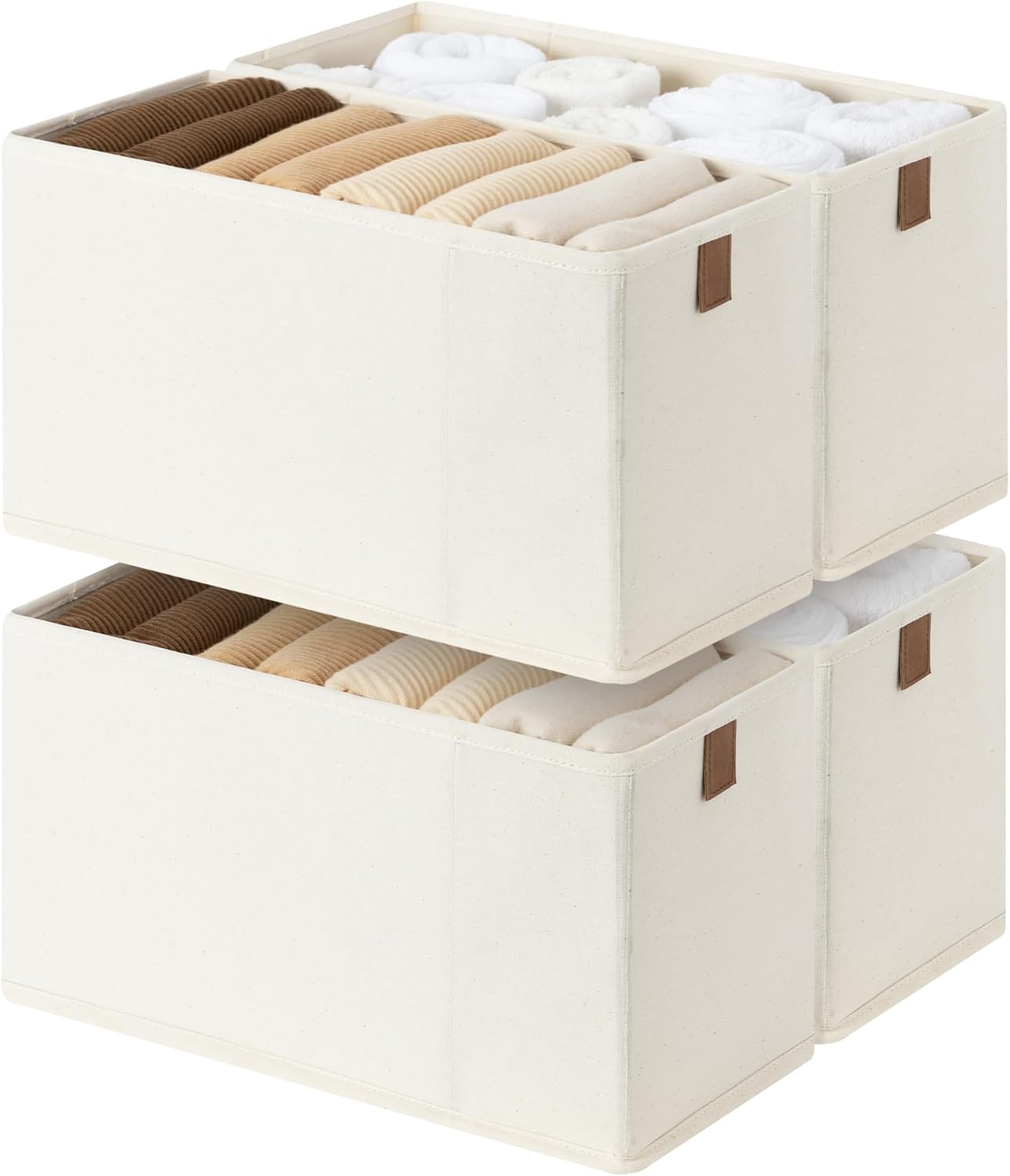 StorageWorks Fabric Storage Bins, Small Storage Bins with PU Handle, Decorative Narrow Baskets for Shelves, Ideal for Organizing Clothes, Toys, and Books, Beige, 4-Pack
