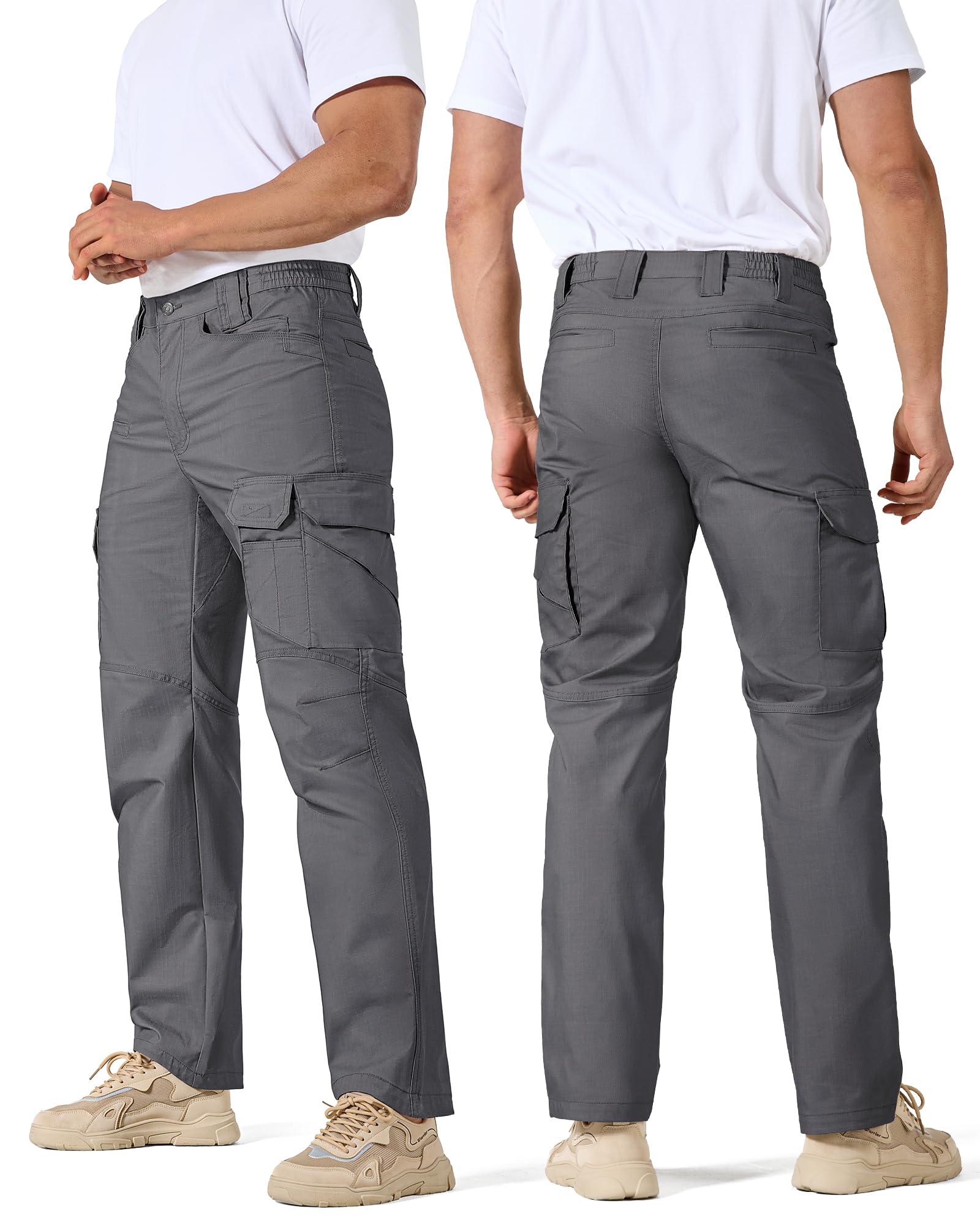 IGOLUMEN Work Pants for Men Stretch Tactical Pants with 11 Pockets Ripstop Cargo Pant Construction Utility Trouser Hiking EDC,Grey — view 2