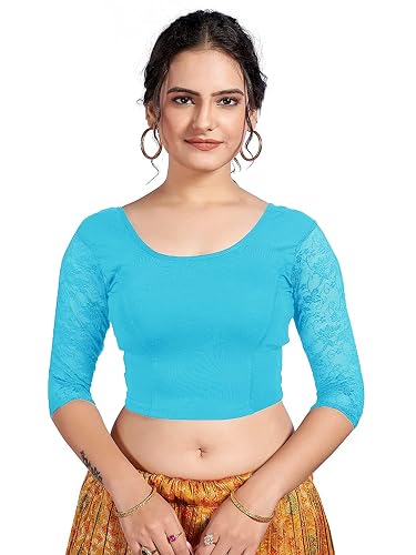 themilestocks Women's Blouses Readymade Gold Stretchable Saree Crop Top Choli Free Size Sparkling - One Size - Sky Blue