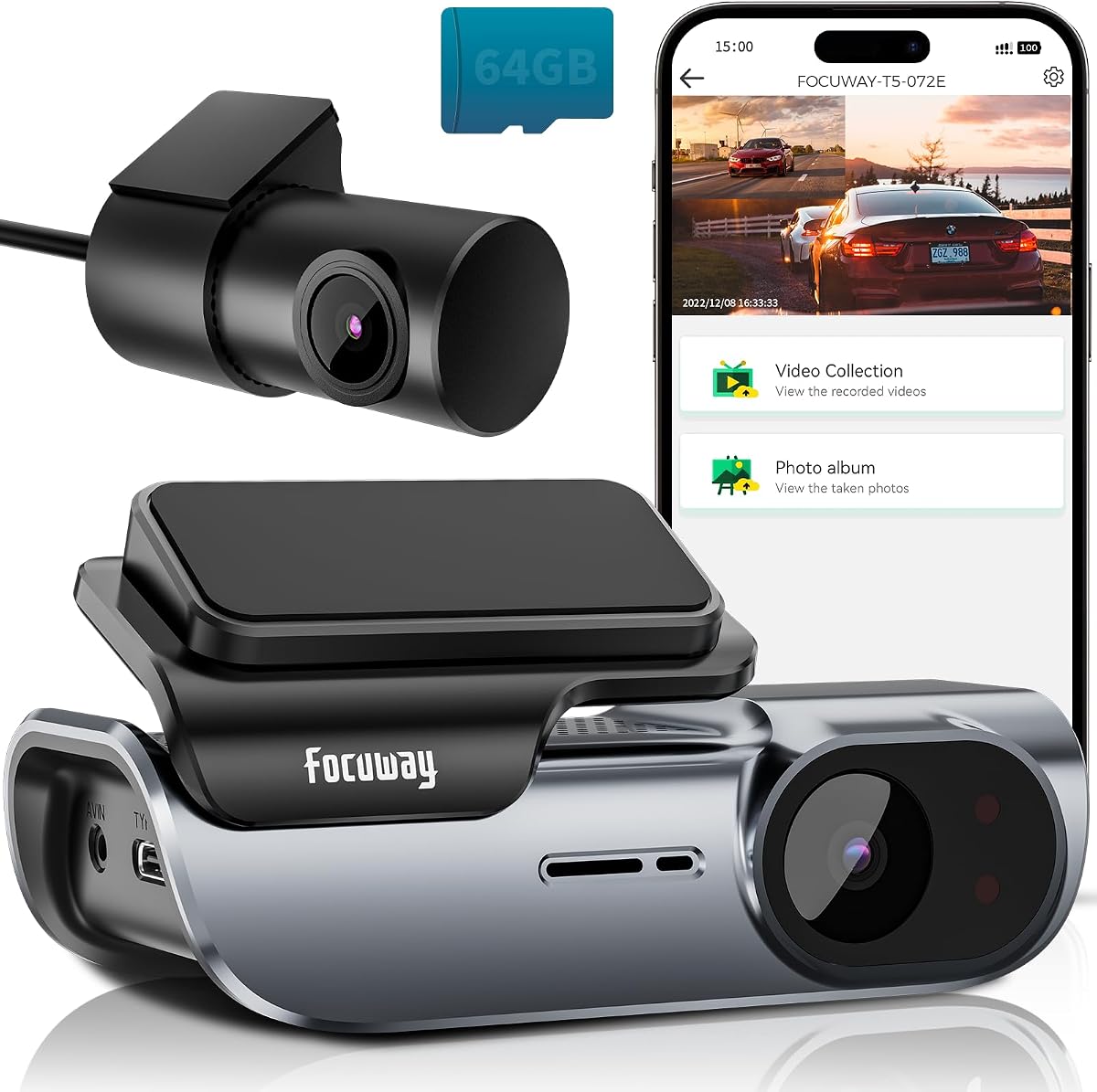 4K Front and Rear Dash Cam: Fast 5GHz WiFi & Hands-Free Voice Control, Compact Hidden Design, 24/7 Parking Mode Recording, Supercapacitor & Type-C, Free 64GB Card, Super Night Vision