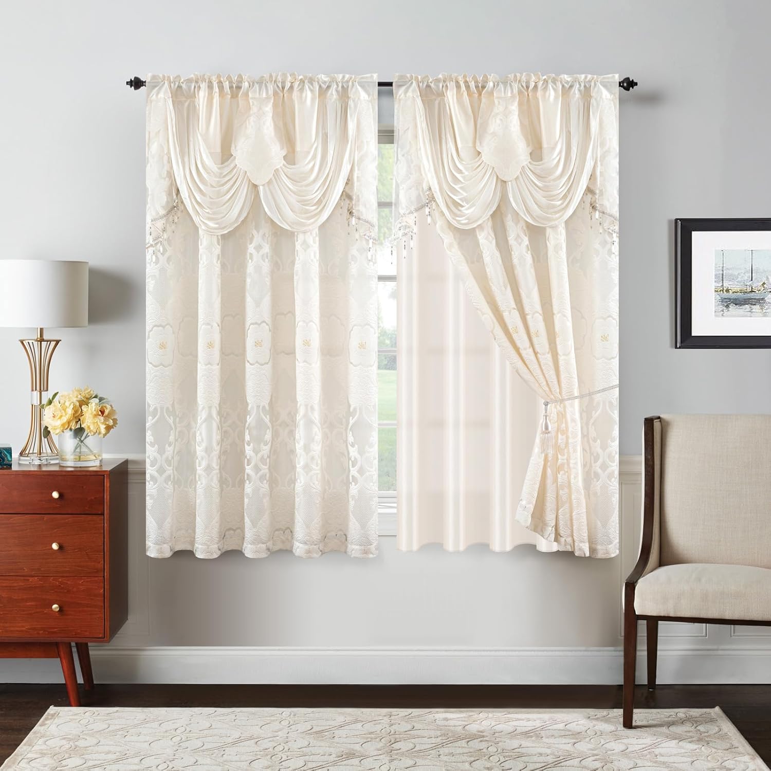 Petrichor Ivory Sheer Jacquard Voile Curtains （54" W x 63" L）, 2 Panels with Attached Valance, Double Layer Floral Cutwork Design with Luxurious Texture, Rod Pocket, for Bedroom & Living Room