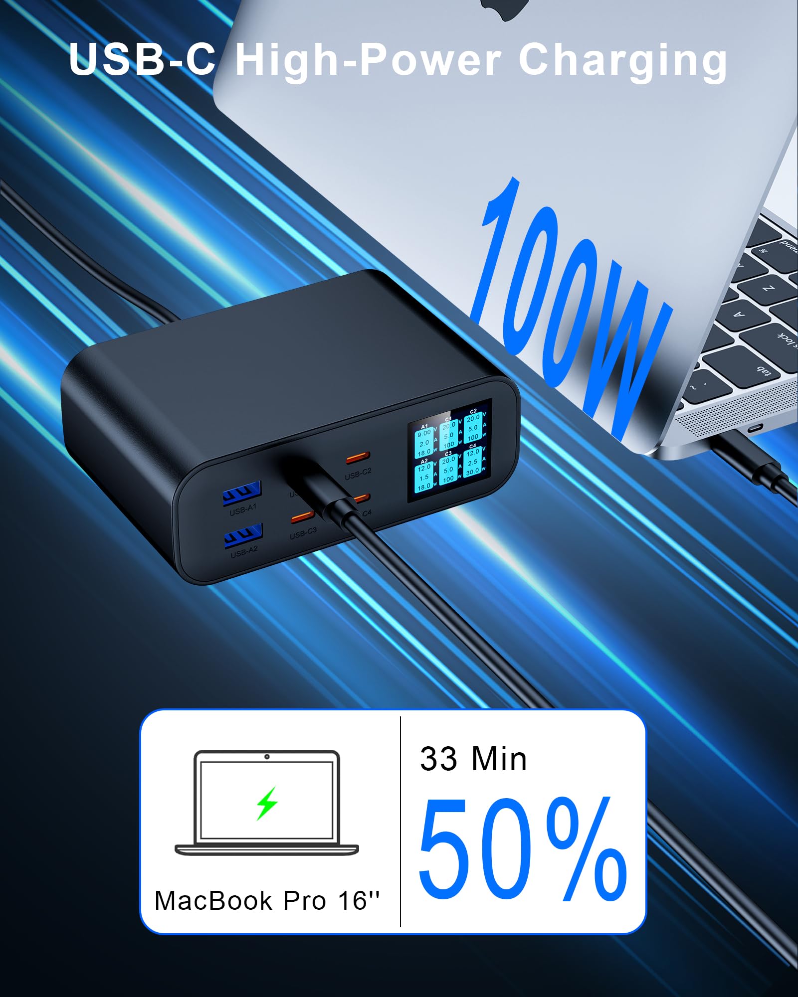 Stacja ładująca USB C, 200 W, 6-portowa stacja ładująca GaN, wieloportowa ładowarka do szybkiego ładowania, kompatybilna z iPhone 16/15/14 i MacBook Air/Pro, HP, Dell i innymi (czarna)