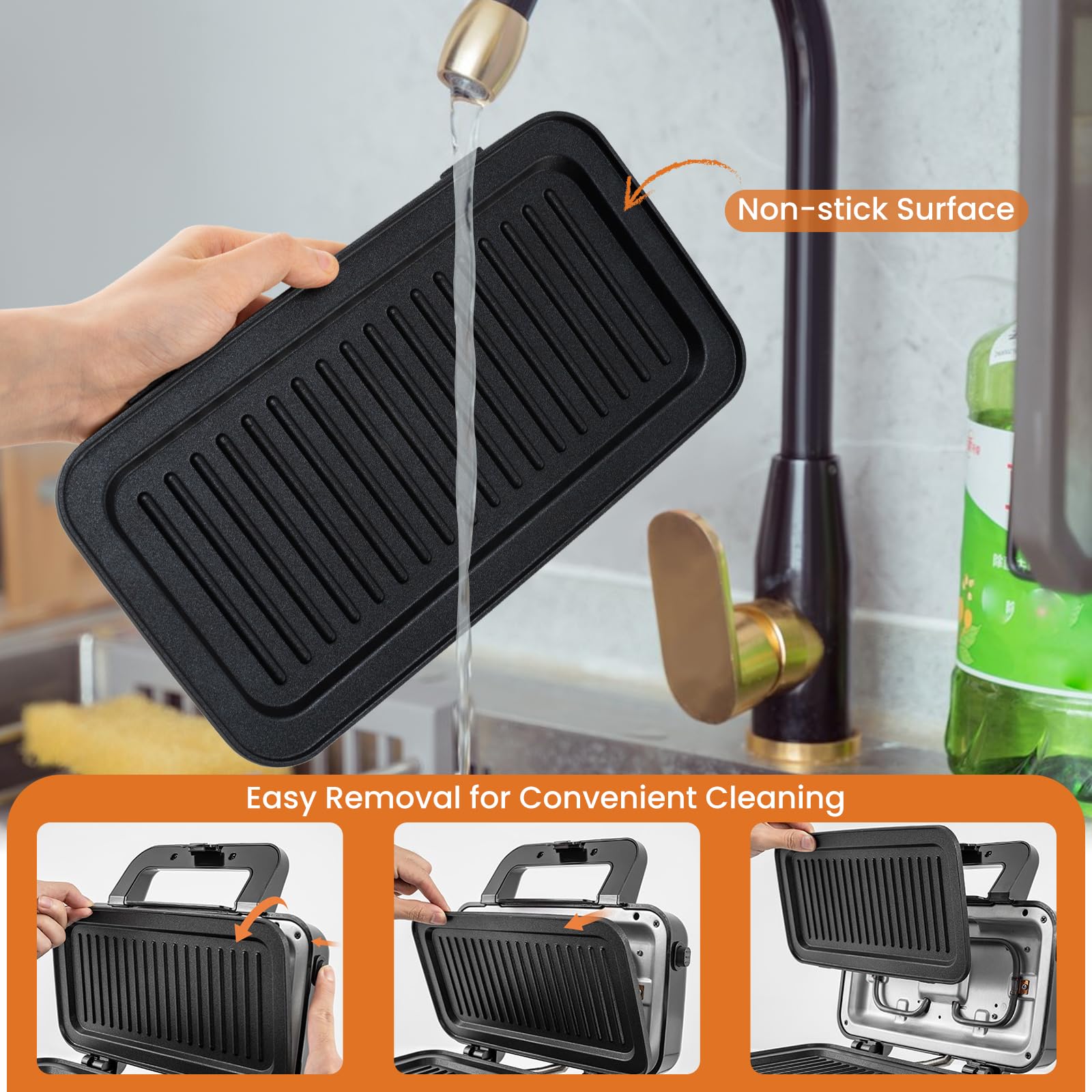 FANTASK Toster do kanapek, elektryczny opiekacz do kanapek, 3 w 1, prasa do panini i opiekacz do kanapek, przenośny grill kontaktowy z 6 zdejmowanymi płytami nieprzywierającymi i 5 regulacją