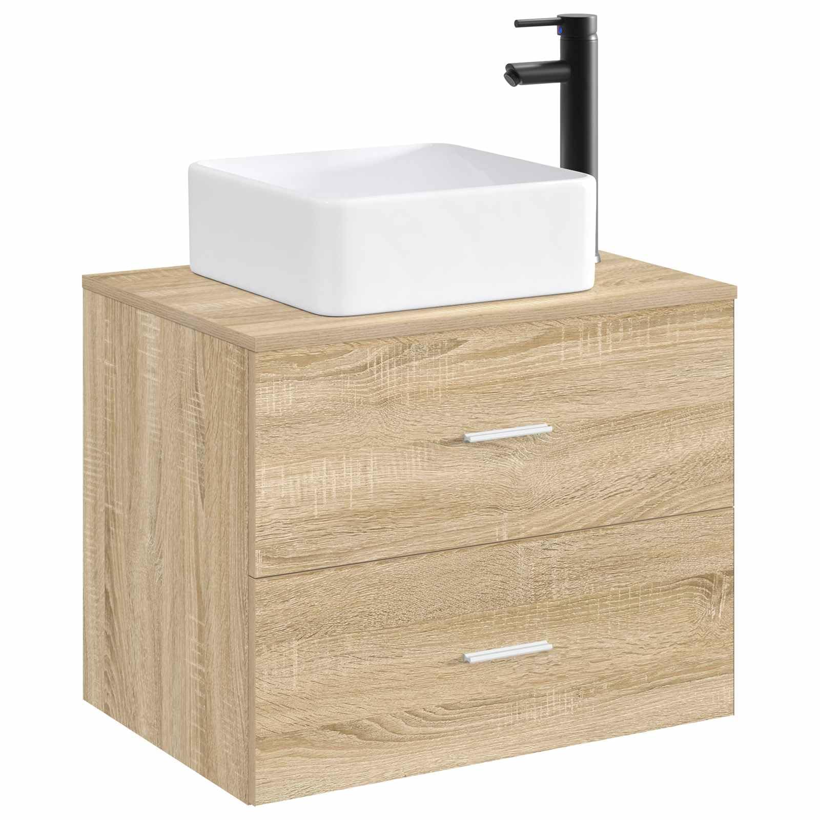 Matt Schwarz Metall Waschbecken mit integriertem Wasserhahn und Ablauf 36,5 x 36,5 x 13 cm für Badezimmer, Gäste WC, platzsparend für Waschplatz