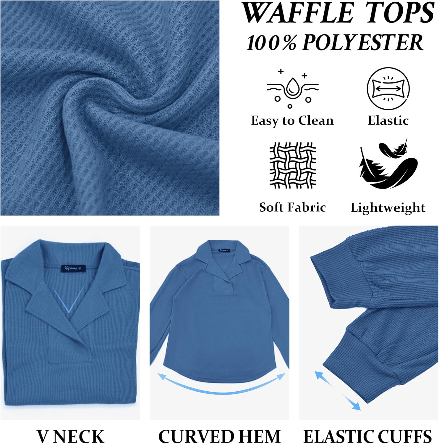 Women Waffle Knit Tops 2025 Fall Casual Long Sleeve Shirts V Neck Tunic Tops Sweaters - Image 7