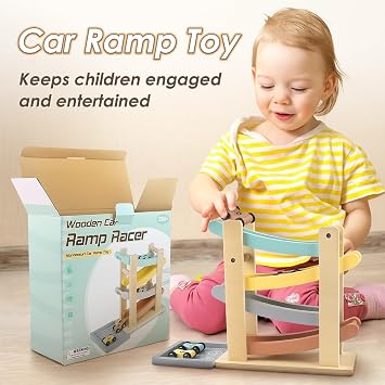 Joyreal Montessori Toddler Toys for 1 2 Year Old - 4 Level All-Wooden Car Ramp Racer Toys with 4 Mini Cars & Garages - Christmas Birthday Gifts for 1-3 Year Old Boys and Girls