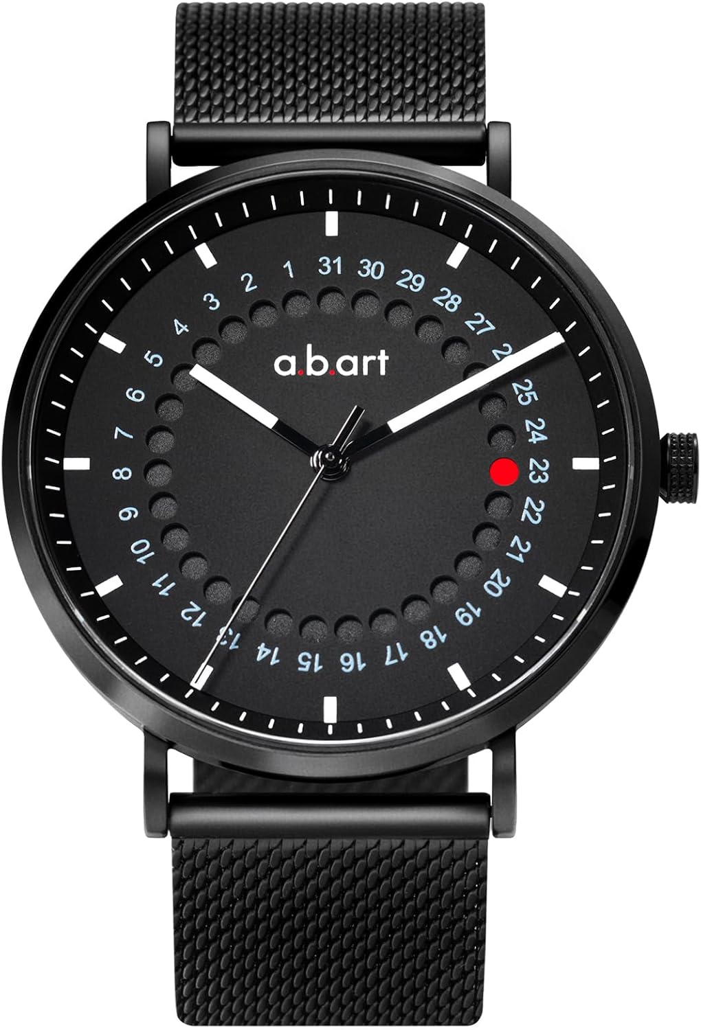 a.b.art Men's Watch, Swiss Parts Ronda Quartz Movement, Sapphire Crystal, Milanese Mesh Band, Ultra-Thin Case, Minimalist Bauhaus Design, 41mm Black Dial