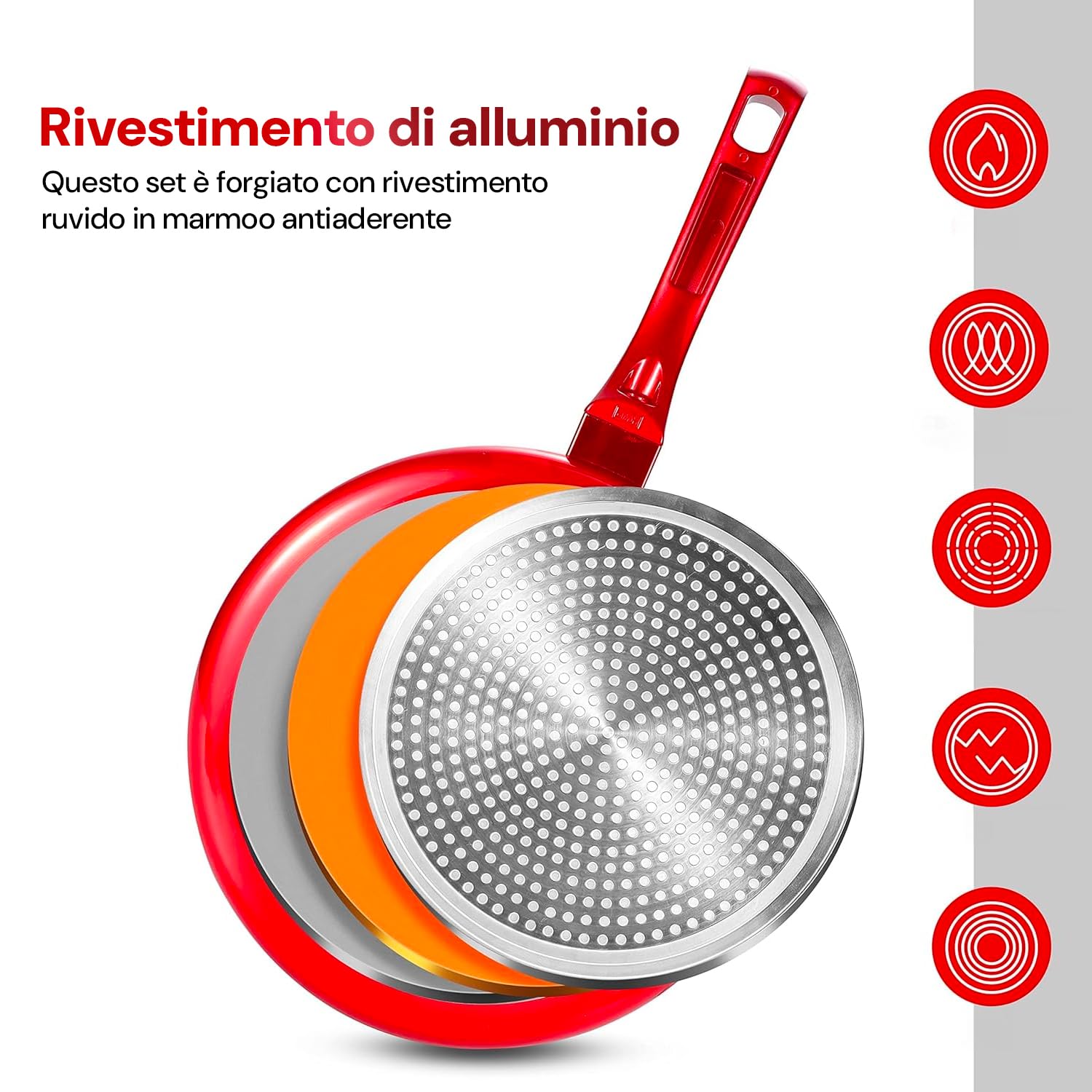 Wintem Set 12 Pentole e Padelle Rosse Antiaderenti in Alluminio con 4 Utensili da Cucina e Comodi Coperchi in Vetro Temperato - Compatibile con Tutti i Piani Cottura Come a Gas, Induzione ed Elettico