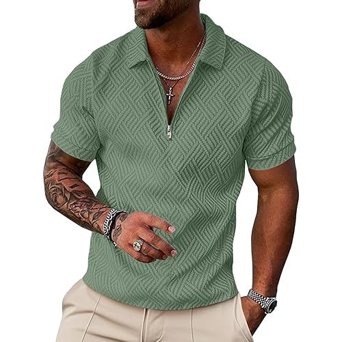 UOUA Men's Zipper Polo Shirts Short Sleeve Sweatshirts Soild Color Tops Striped Texture Casual Golf T