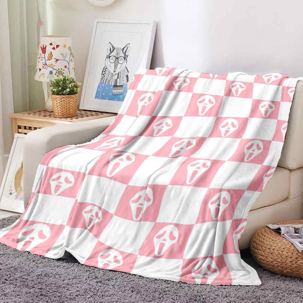 Halloween Spooky Face Throw Blanket, Pink and White Checkered Pattern, Halloween Ghost Blankets Fuzzy Gifts for Sofa Couch Bedroom (80" x 60")