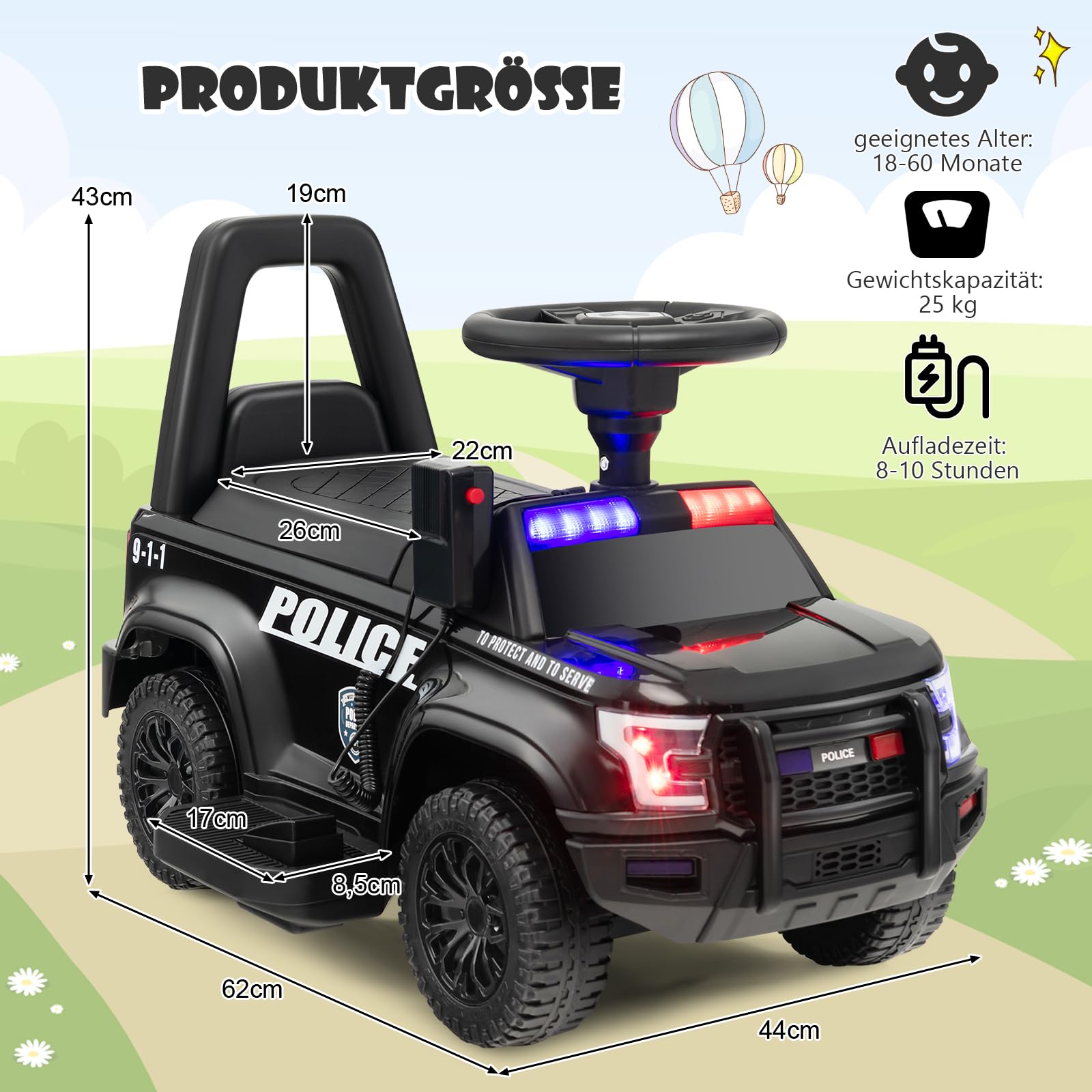 DREAMADE 6V Kinder Elektroauto, Elektrofahrzeug mit Sirene & LED Lichtern & Musik & Hupe, Batteriebetriebenes Kinderfahrzeug, für Kinder ab 18 Monate (Schwarz)