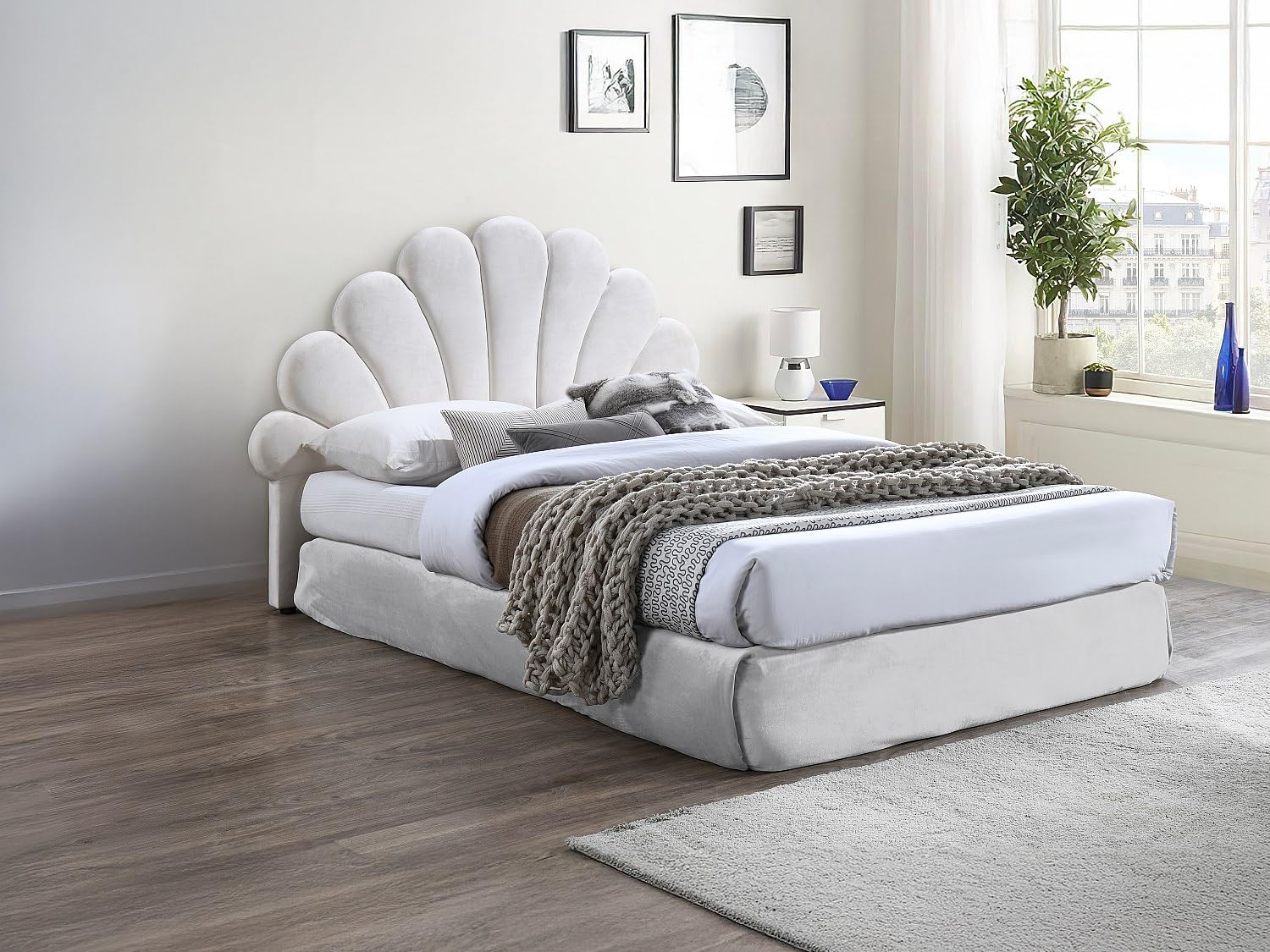 Vente-unique - Tête de lit Coquillage - 160 cm - Velours - Blanc - Moana