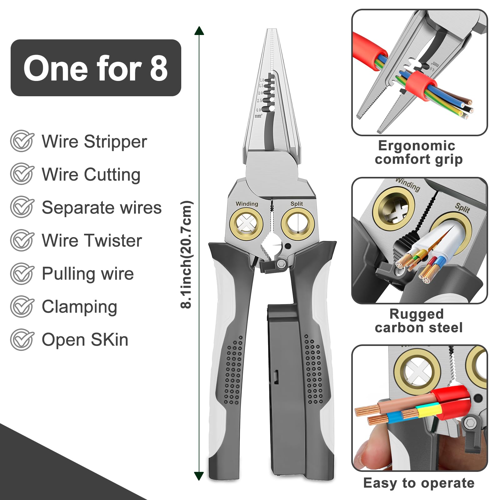 GADO Pro 8-in-1 Wire Stripper/Cutter with Voltage Tester & Dual Alarms - Heavy Duty 12-250V AC/DC Electrical Tester for Hot/Neutral Wires - Electrician, HVAC, Car Repair Tool (Gray) — Amazon image 3