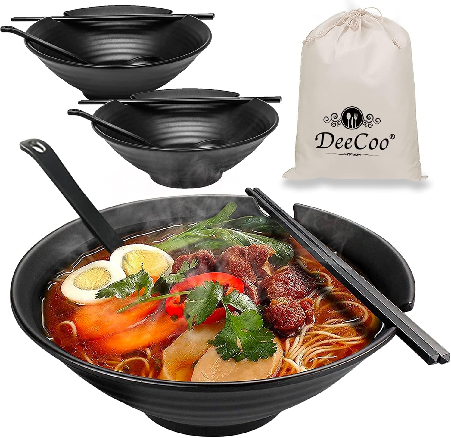 DeeCoo 3 Sets (12 Piece) Melamine Ramen Bowl Set, 37 oz Japanese Style Soup Bowls Set with Chopsticks, Ladle Spoons Set and Large Bowl for Noodles, Ramen, Asian dishes