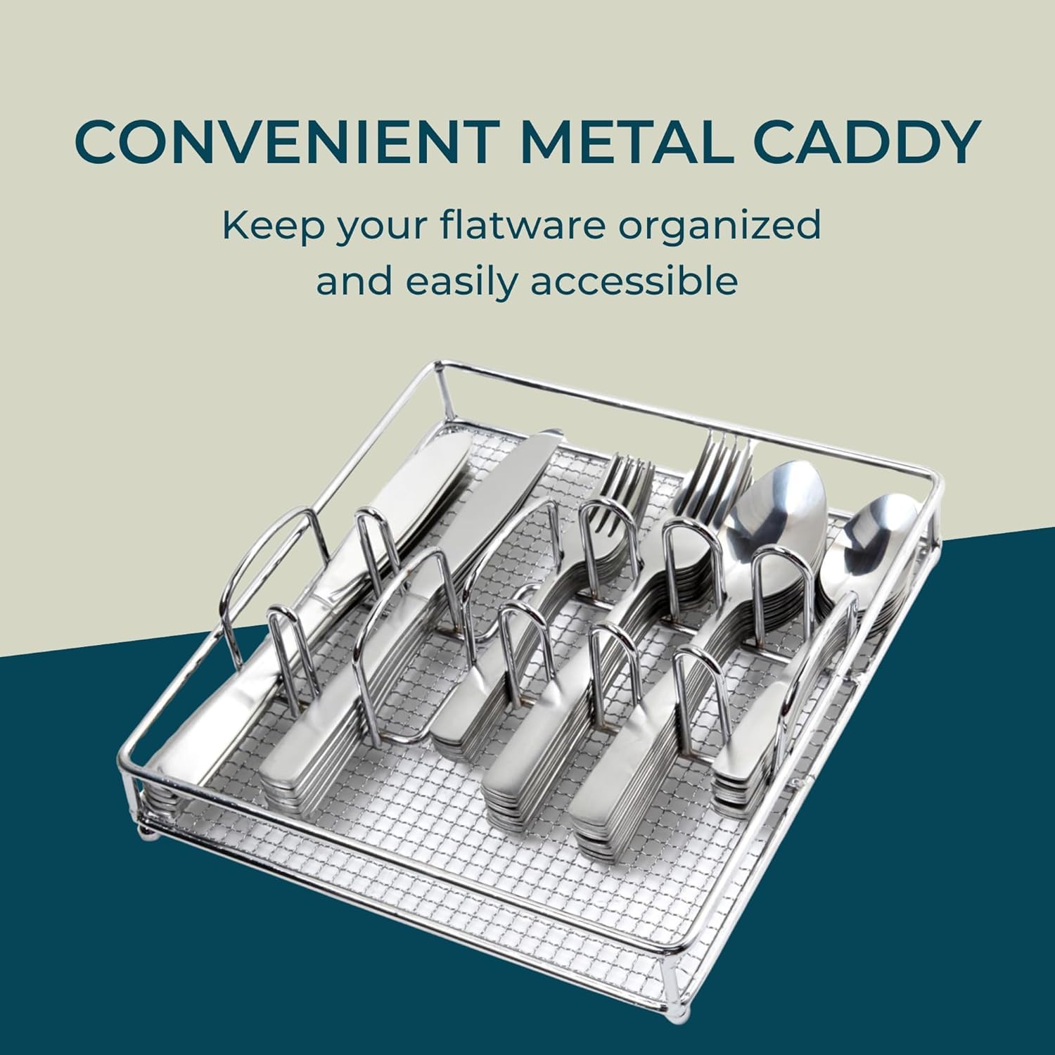 61-Piece Stainless Steel Flatware Set with Wire Caddy – Service for 12, Elegant Mirror Finish Silverware Set, Corrosion Resistant Cutlery for Dinner Parties & Everyday Dining