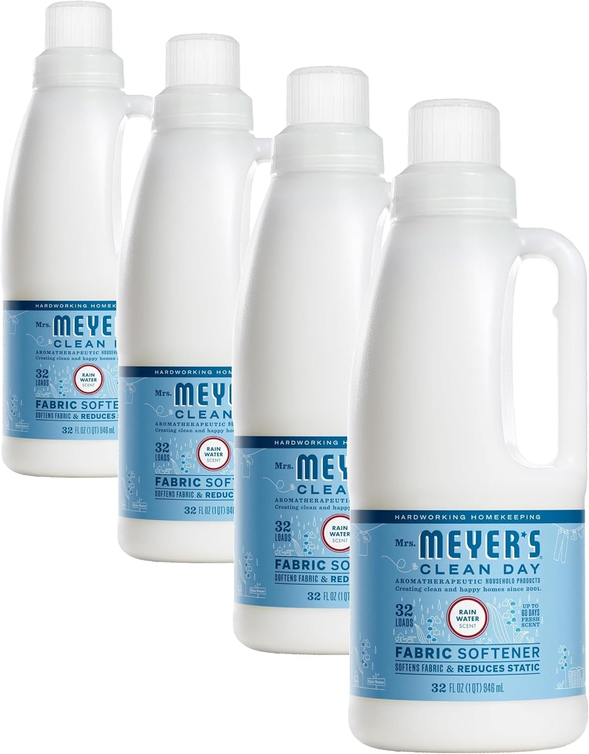 MRS. MEYER'S CLEAN DAY Liquid Fabric Softener, Infused with Essential Oils, Paraben Free, Rain Water Scent, 32 oz (32 Loads) (Pack of 4)
