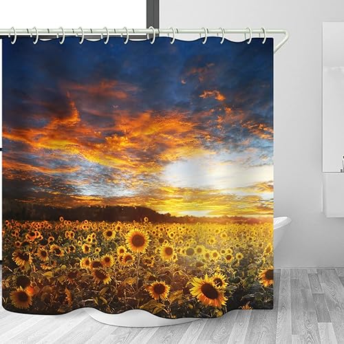 Miniatura 2 de Cortina de ducha 3D con diseño de girasol, lujosa bañera estándar, tela impermeable lavable con 12 ganchos blancos, mide 72 x 72 pulgadas