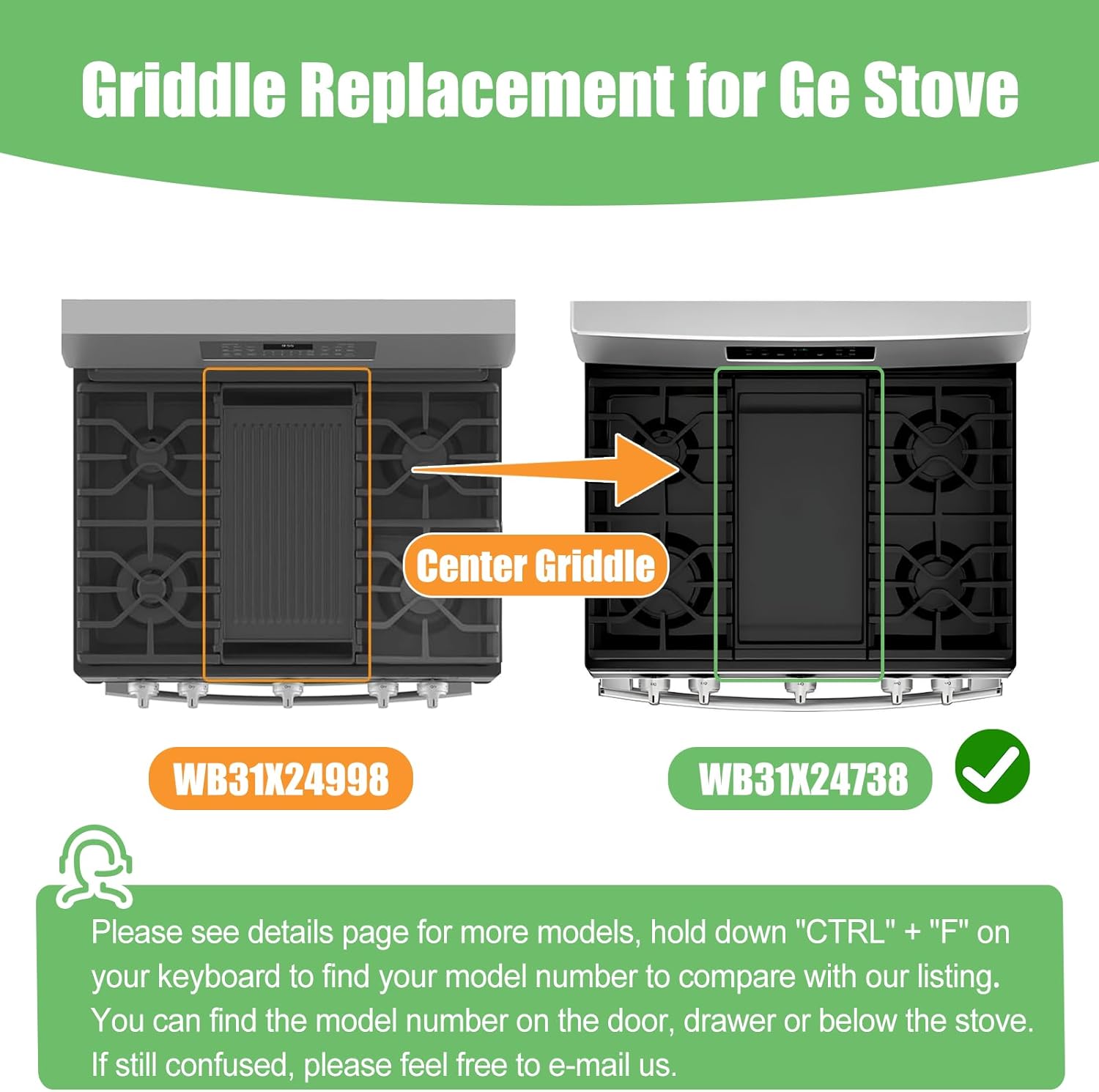 WB31X24738 Griddle Replacement Parts for GE Stove Replacement Center Griddle Plate for General Electric Gas Range Stove WB31X24738