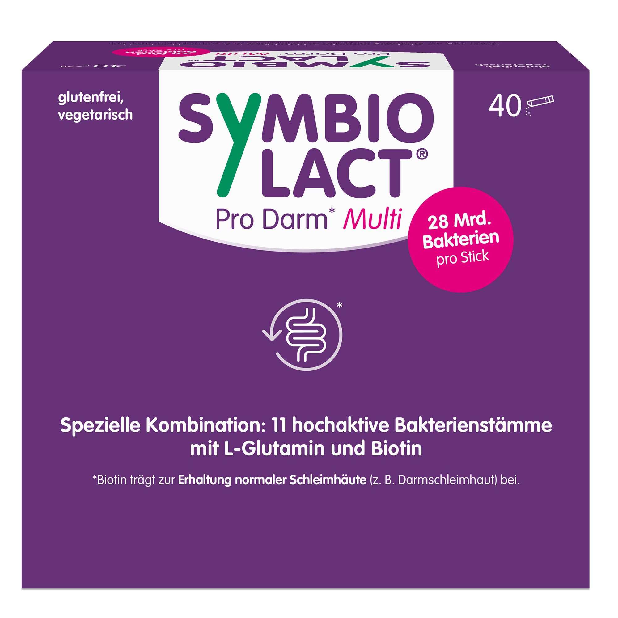 SymbioLact Pro Darm* Multi - unterstützt den Darm während & nach der Einnahme von Antibiotika* - mit Milchsäurebakterien, Biotin und Glutamin - 28 Mrd. Bakterien - glutenfrei - 40 Sticks