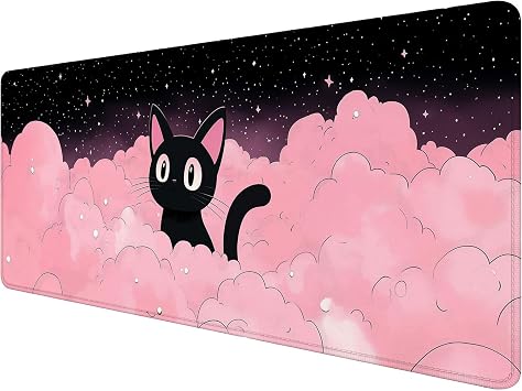 Cute Black Cat Gaming Mouse Pad Cartoon Galaxy Pink Clouds Kawaii Mousepad Extended Large Laptop Keyboard Non-Slip Rubber Base with Stitched Edges for Home 31.5x11.8 Inch